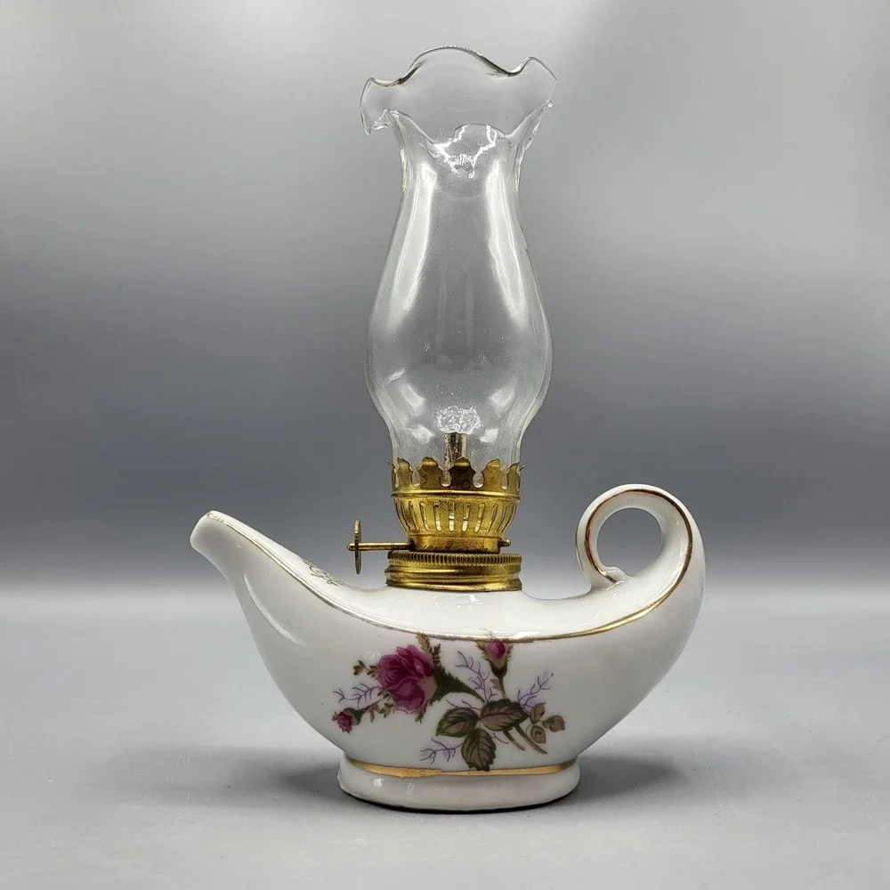 Vtg Genie Aladdin Mini Porcelain Oil Lamp Moss Rose Gold Trim Japan 7.5